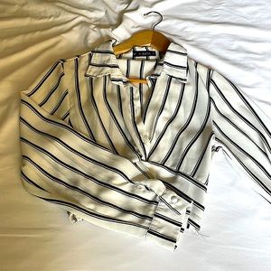 Cropped white and black striped button-down blouse with tie in the front
